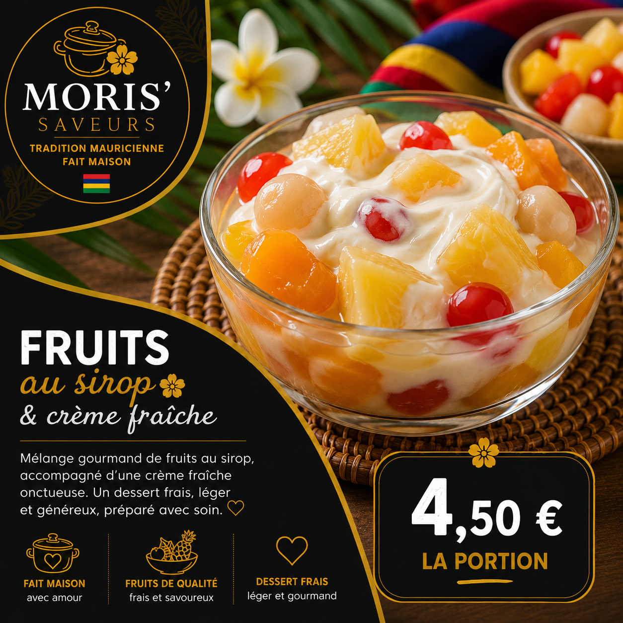 Fruits au sirop & crème fraîche 🍑🍍🍒.